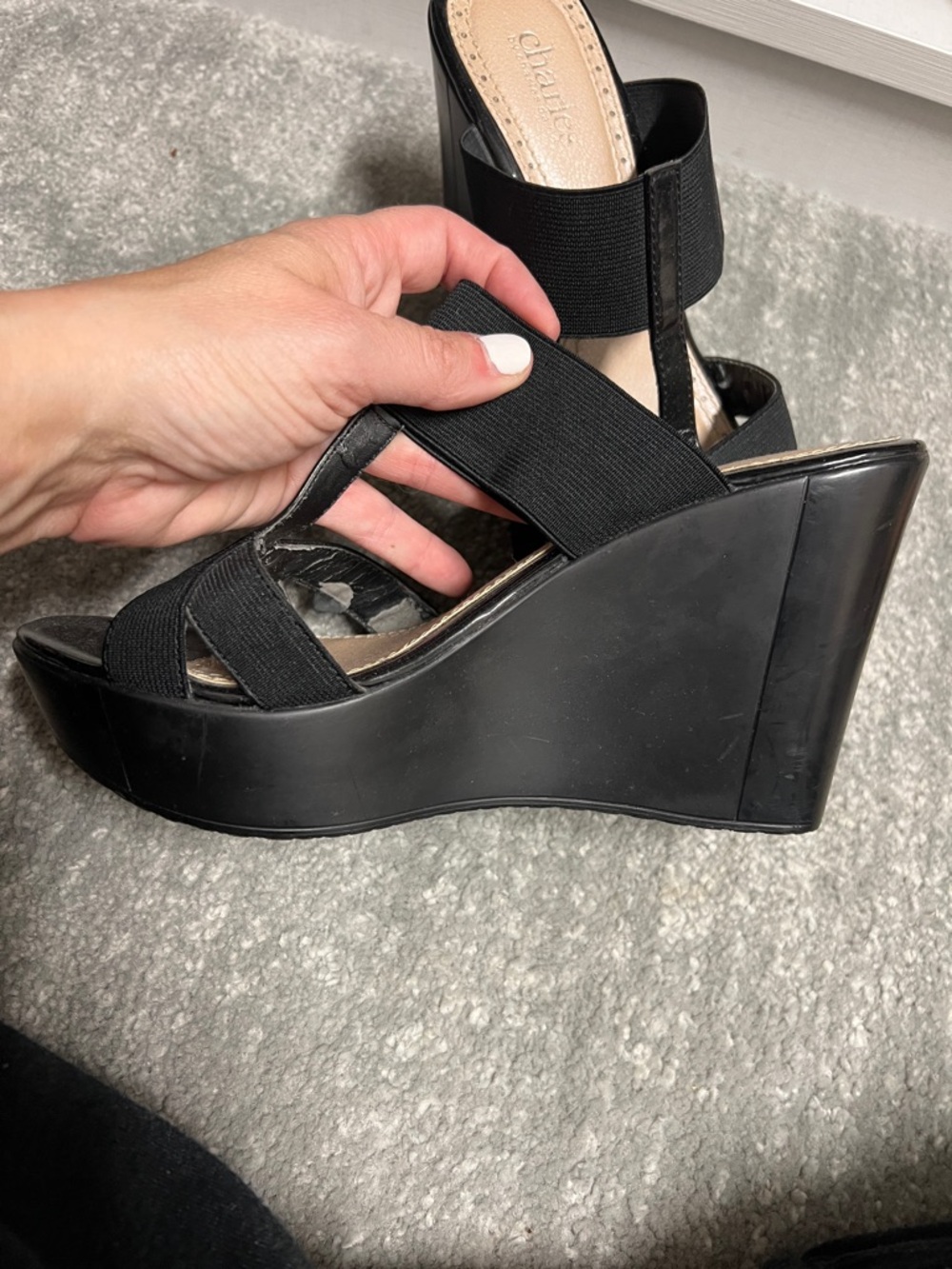 Charles by Charles David Black Elastic T-Strap Slide wedges - Picture 2 of 3